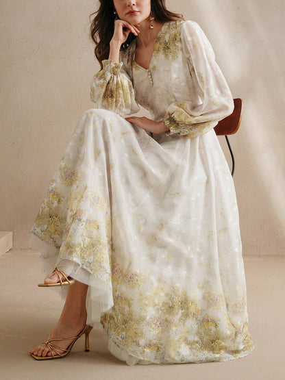 Women's V Neck Elegant Floral Print Long Sleeve Dress