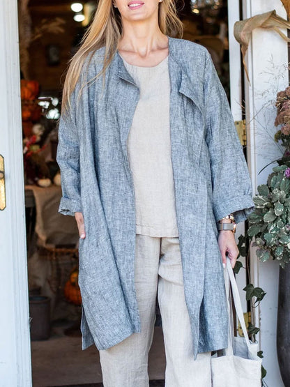 Solid Color Cotton and Linen Women's Shirt Cardigan