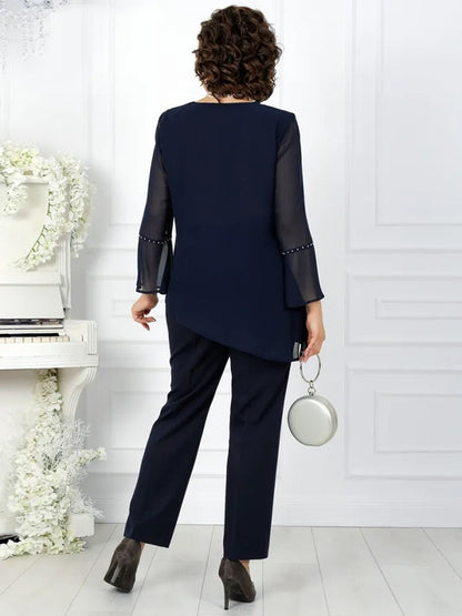 V-neck Sequined Chiffon Top And Pants Suit