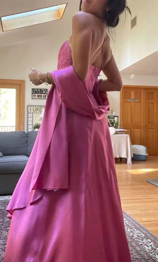 Classy Fuchsia Spaghetti Straps Satin A-Line Beaded Long Prom Dress Bridesmaid Dresses Long formal Dress DP488