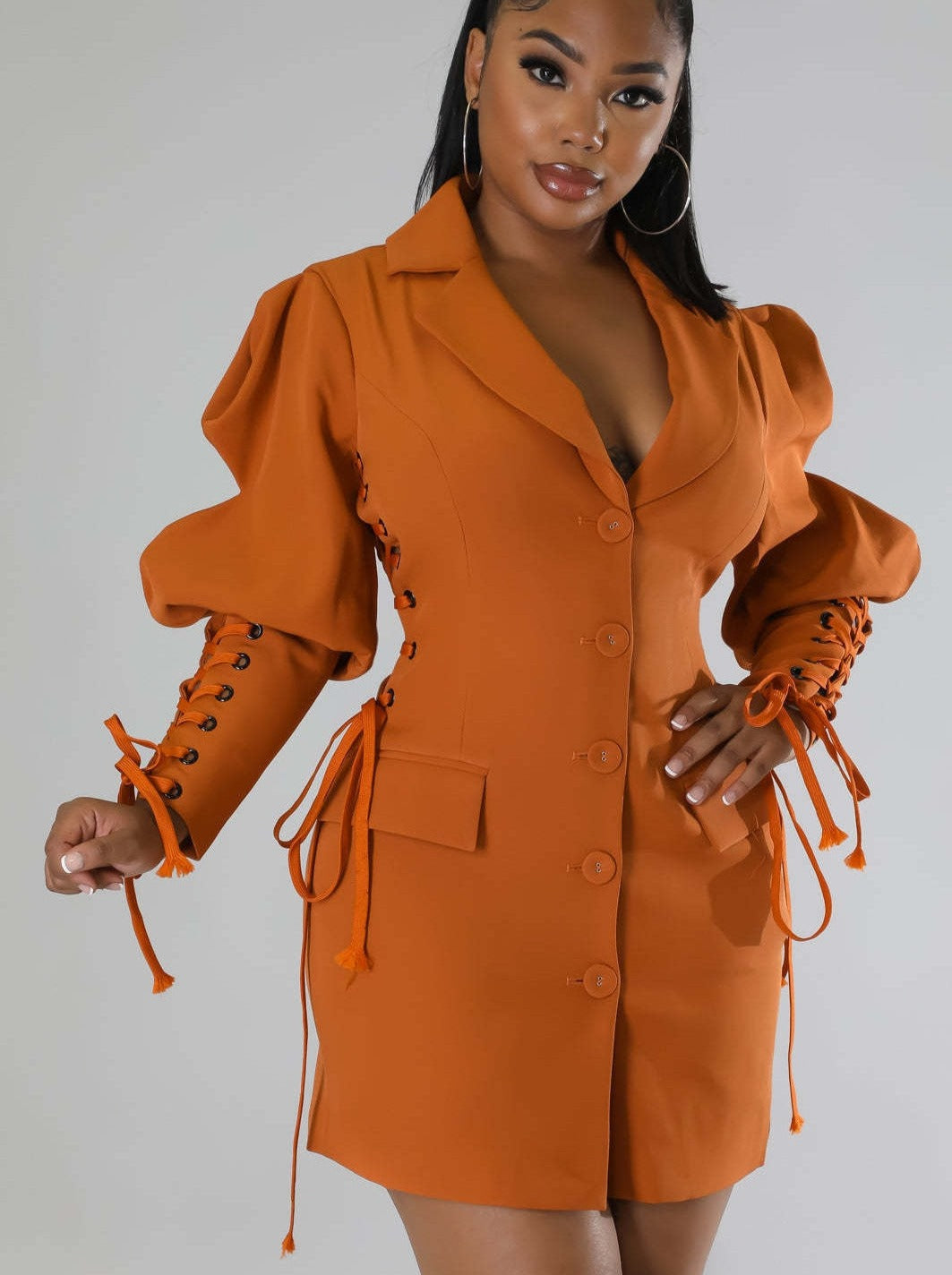 loveedsTM- Women Eyelet Lace Up Lantern Long Sleeve Single Breasted Lapel Neck Blazer Style Midi Dress for Winter Autumn Ins Tops