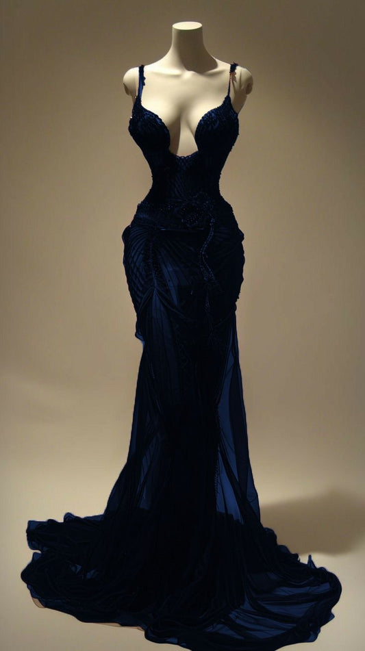Dark blue sexy elegant spaghetti strap long velvet Prom Dress evening dress gh5037