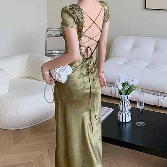 loveedsTM- Elegant Women Green Satin Backless Evening Dress Ladies Lace Bandage Vintage Jacquard Mixi Dresses Party Vestidos Summer Robe