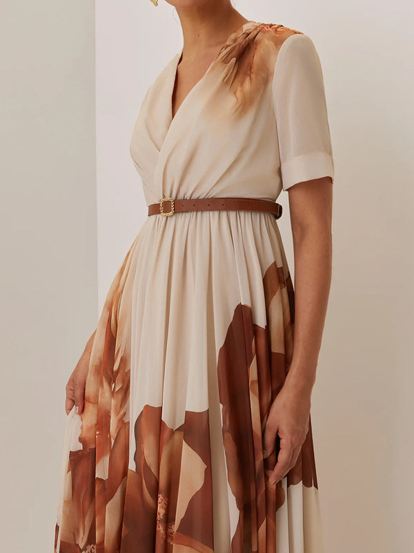 Floral Ruched Chiffon V Neck Short Sleeve A-Line Gown Dress