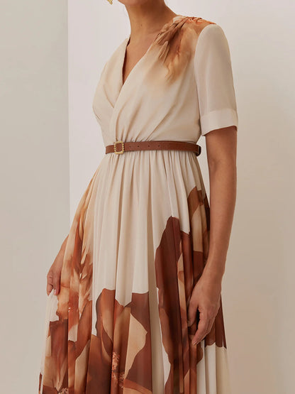 Floral Ruched Chiffon V Neck Short Sleeve A-Line Gown Dress