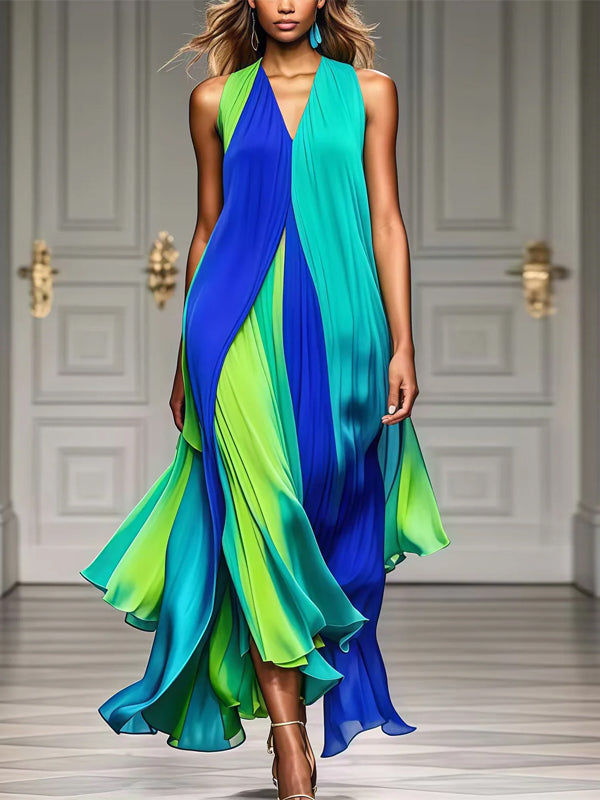 Colorblock V-neck Oversized Hem Chiffon Beach Dress