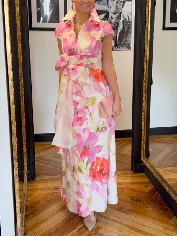 Elegant Floral Printing Shirt Collar Maxi Dress With Belt