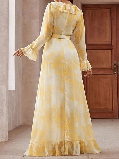 Elegant Mesh Print Belted Women's Dress