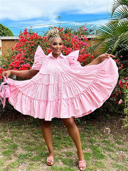 loveedsTM- Dresses for Women Solid Loose Pleated Puff Sleeve Casual Ball Gown Shirts Midi Dress S-2xl