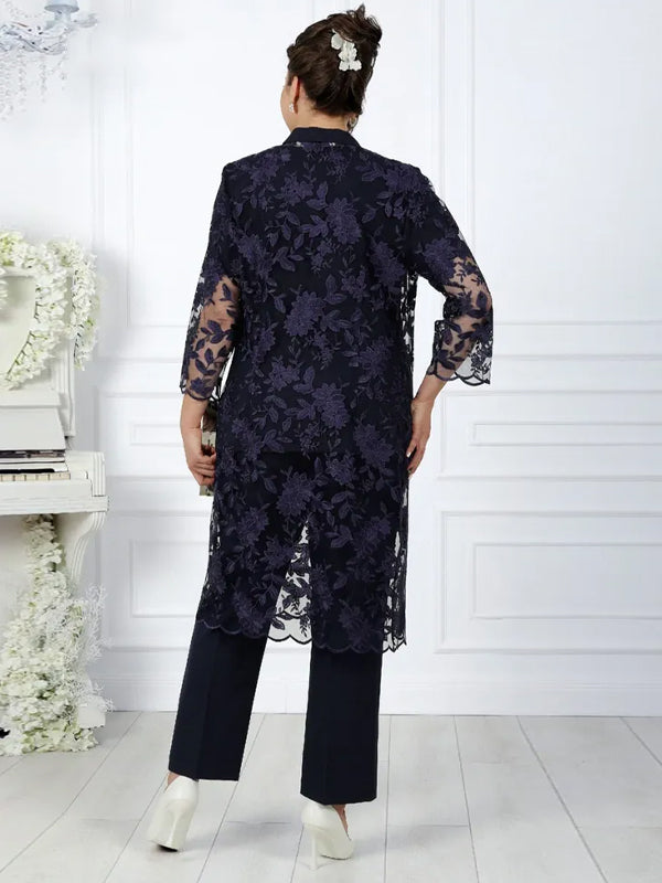 Round Neck Short-sleeved Solid Color Lace Top And Trousers Three-piece Suit