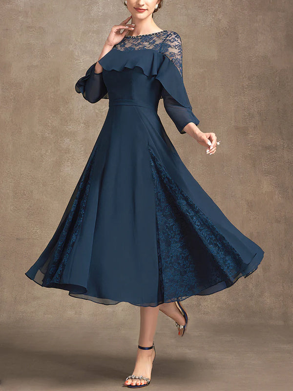 Round Neck Solid Color Lace Midi Dress