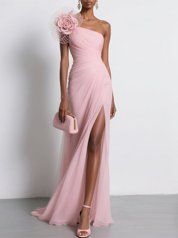 Pink 3D Floral Slit Classic One Shoulder Sleeveless Sheath Gown Dress