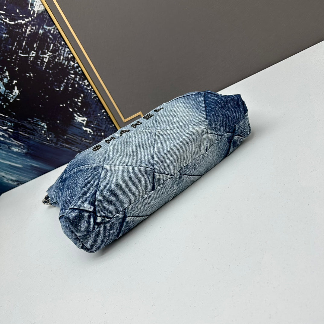 Chanel Large 22 Bag Faded Blue Denim Silver Hardware