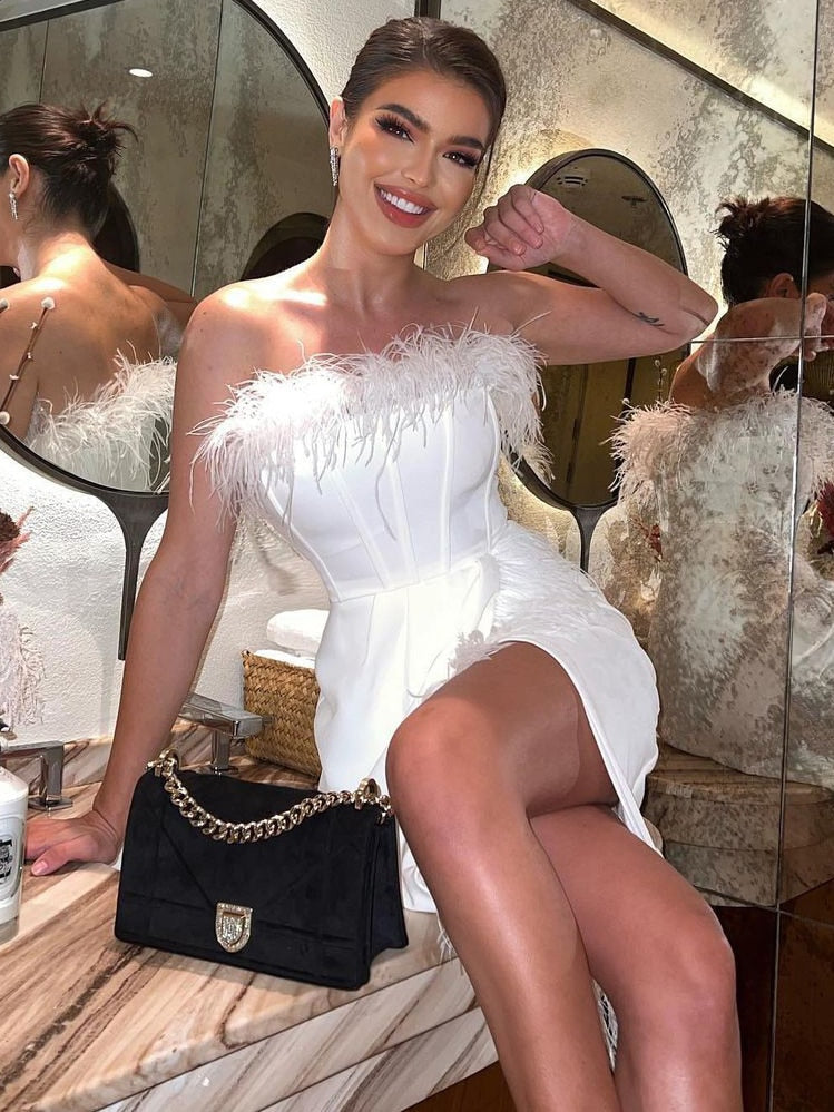 loveedsTM- Fashion Women's Strapless Off Shoulder High Waist Feathers Irregular Hems Wedding Party Dress Black White Mini Evening Dresses