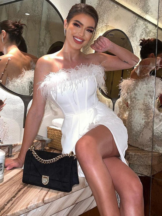 loveedsTM- Fashion Women's Strapless Off Shoulder High Waist Feathers Irregular Hems Wedding Party Dress Black White Mini Evening Dresses