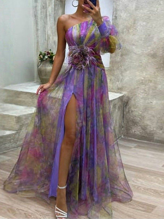 Off-shoulder Colored Mesh Maxi Dress