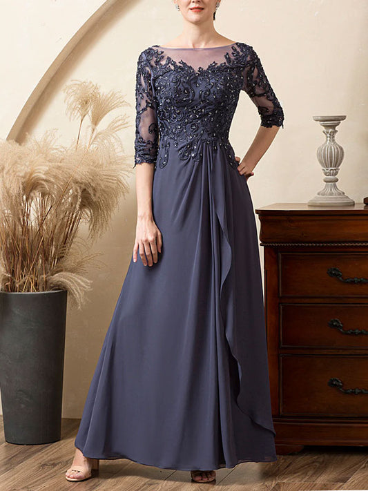 Grey Blue Sparkly Beaded Chiffon Mother of the Bride Dress