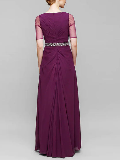 Round Neck Solid Color Chiffon Maxi Dress