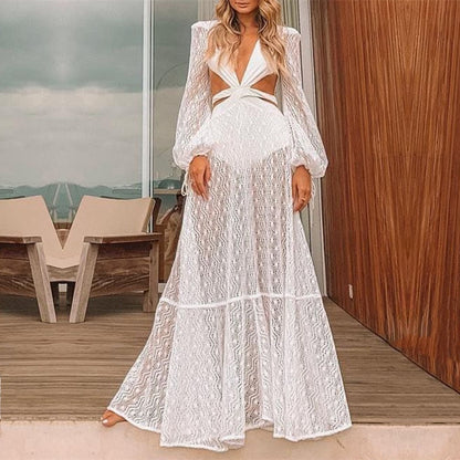 loveedsTM- Sexy V-Neck Backless Hollow Out Dress 2024 Summer Women Lantern Sleeve Club Party Long Maxi Dresses Tunic Beach Cover Up A916