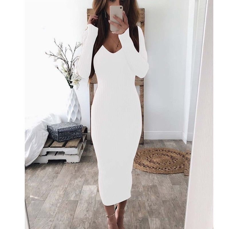 loveedsTM-Women V-Neck Long Sleeve Knitted Ribbed Maxi Dress Spring Autumn New Solid Color Caual Slim Bodycon Robe Pencil Party Vestidos