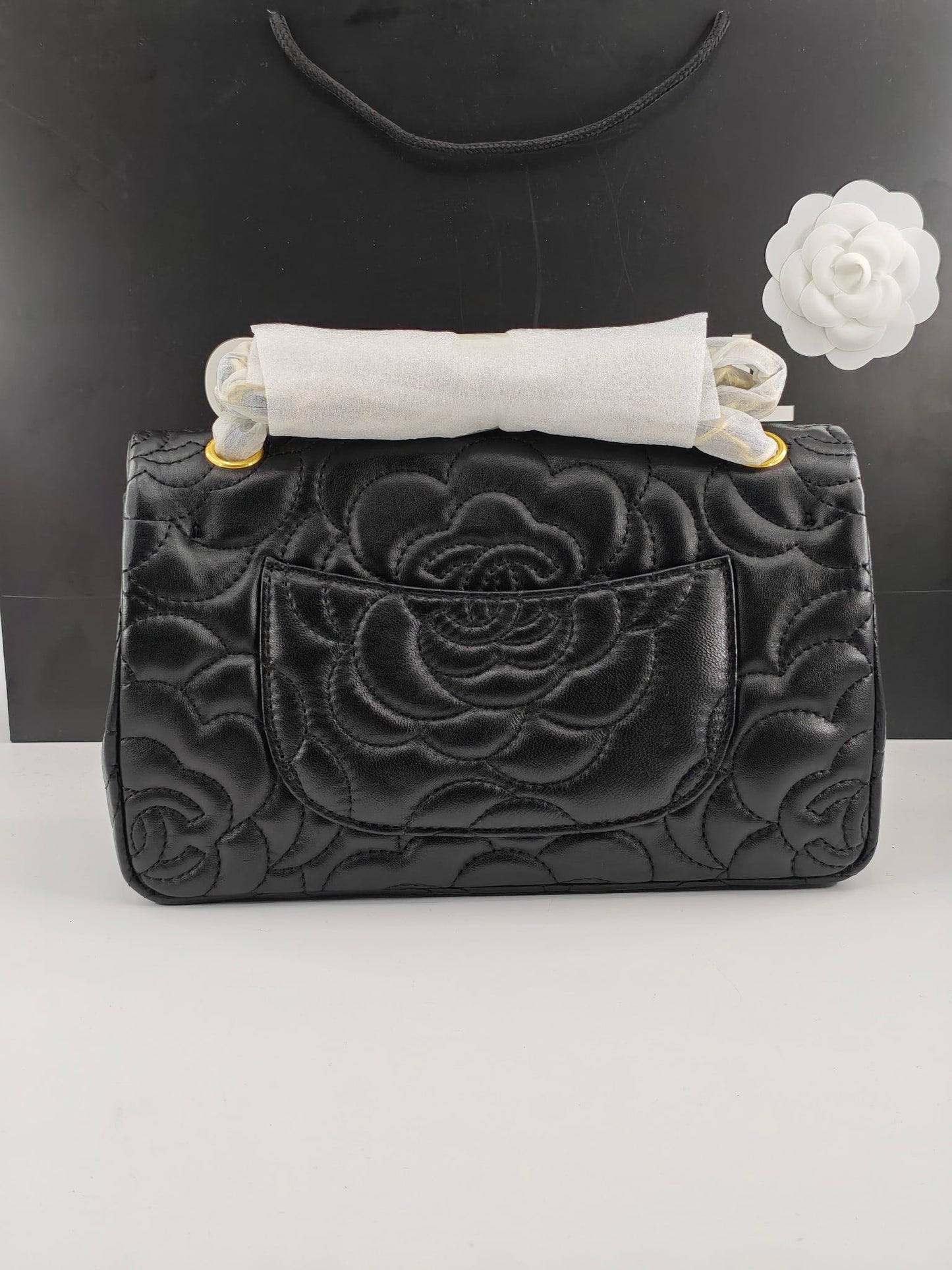 CHANEL CAMELLIA SHOULDER BAGS BLACK 25CM