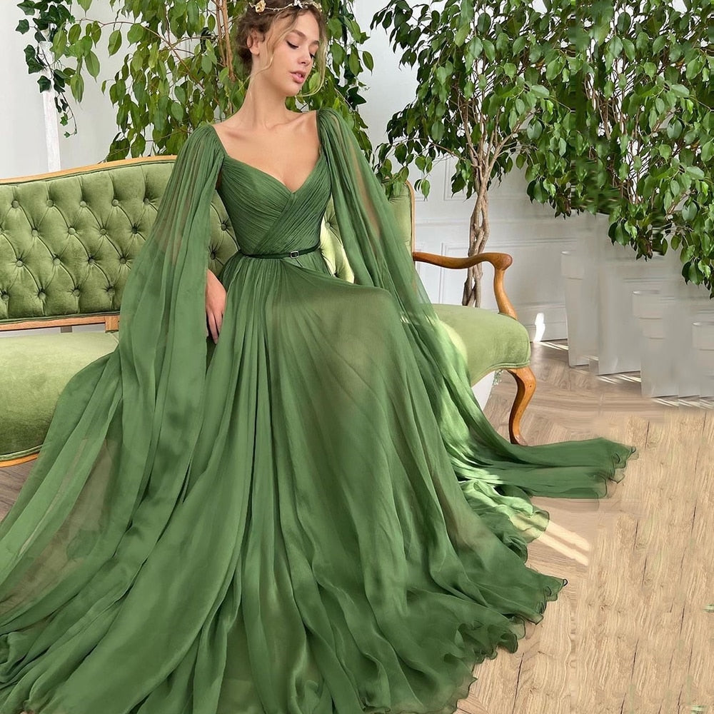 loveedsTM- Elegant Chiffon Evening Dresses V-Neck Sleeveless Side High Split Long Party Dress Simple Pleat Sweep Train Prom Gown Vestidos
