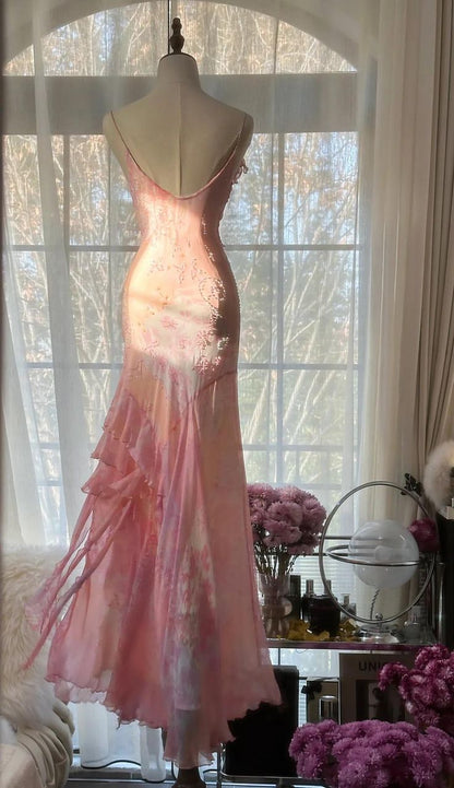 Fairytale Pink Mermaid Spaghetti Strap Beaded Ruffle Chiffon Prom Dress SH2664