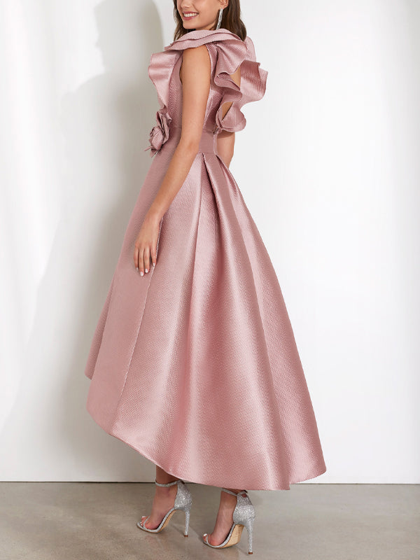 V-Neck Three-Dimensional Flowers Midi Dress