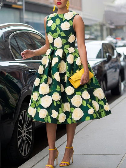 Elegant Floral Printing Crew Neck Midi Dress