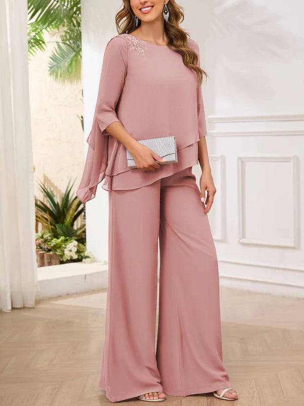 Asymmetrical Scoop Appliques Mother of the Bride & Groom Pantsuit