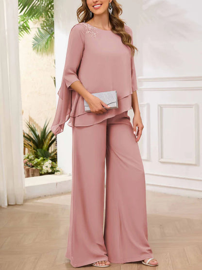 Asymmetrical Scoop Appliques Mother of the Bride & Groom Pantsuit