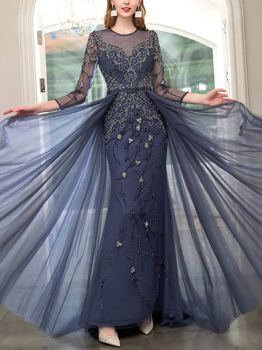 Round Neck Lace Mesh Long Sleeves Maxi Dress