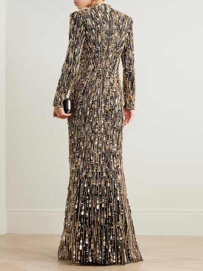 V-Neck Sequined Long Sleeves Maxi Dress