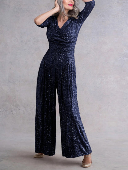 V-Neck Solid Sequined Long-Sleeved Jumpsuit