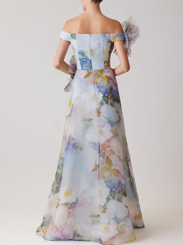 Organza Watercolor Off Shoulder 3D Flower Gown
