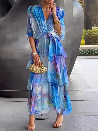 Flower Printed Gradient Ruffled Half Sleeves Maxi Dress