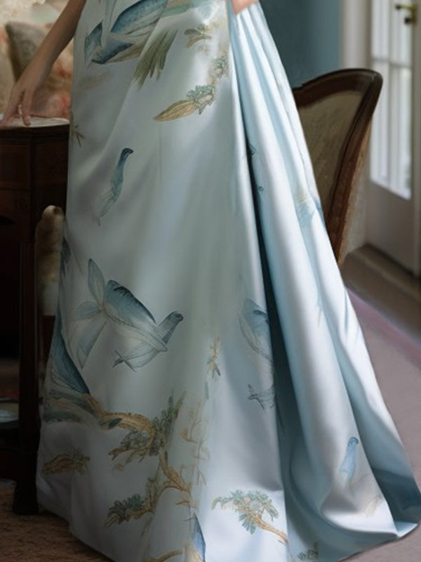 V-neck Elegant Trailing Satin Print Dress