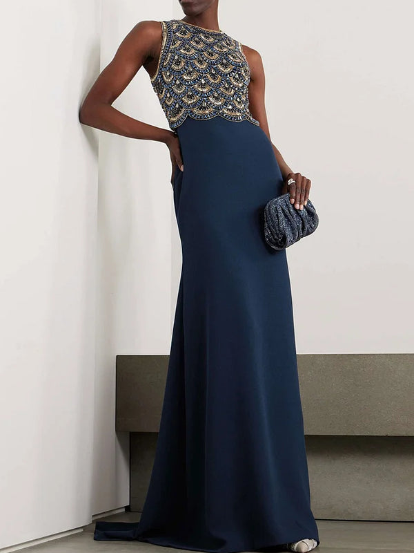 Crystal-Embellished Tulle Jacket and Crepe Gown Two-Piece Set