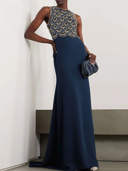 Crystal-Embellished Tulle Jacket and Crepe Gown Two-Piece Set