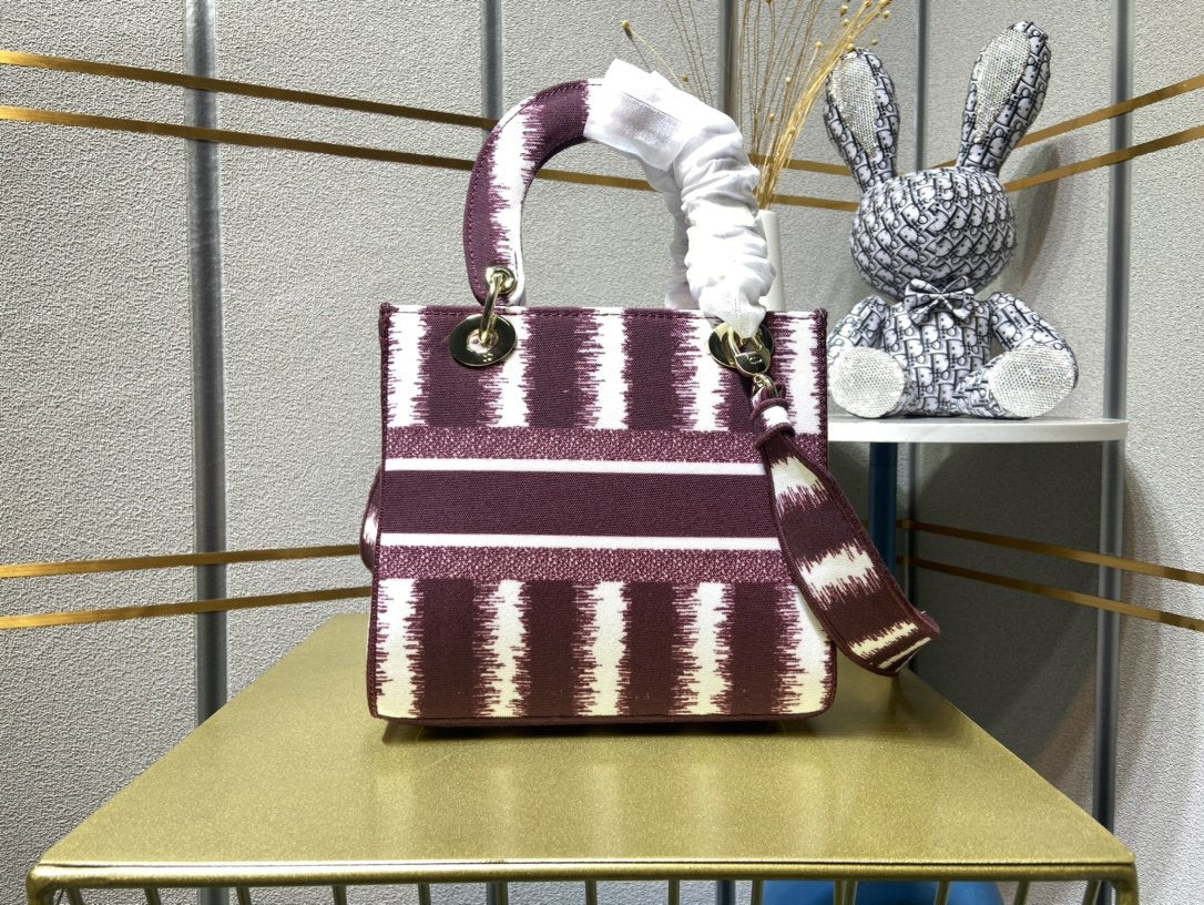 Dior Women Medium Lady D-lite Bag Blue D-Stripes Embroidery