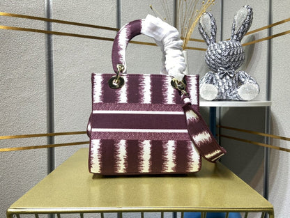 Dior Women Medium Lady D-lite Bag Blue D-Stripes Embroidery