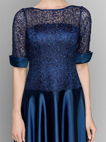 Round Neck Lace Solid Color Midi Dress