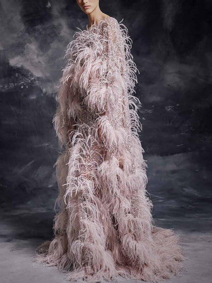 Round Neck Feather Sequin Long Sleeves Maxi Dress