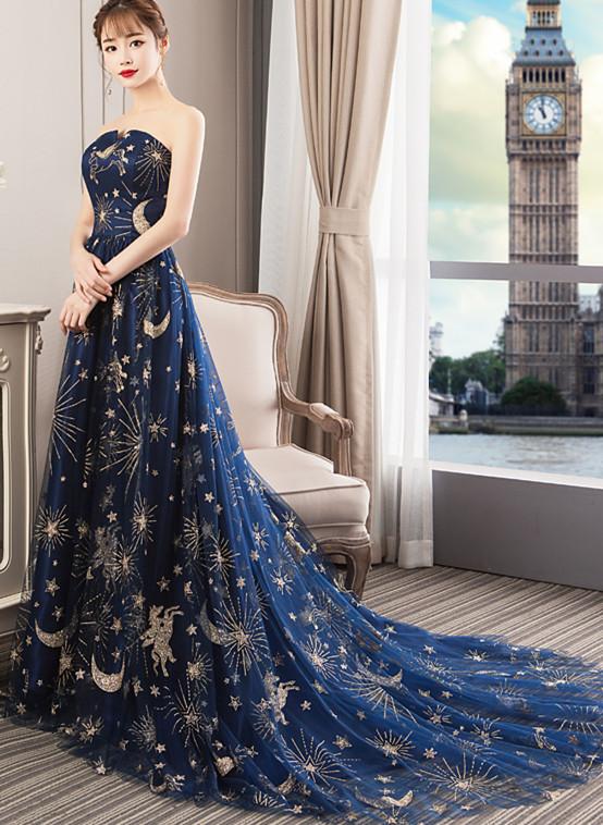 Navy Blue Tulle Mesh Long Off Shoulder Formal Dress, Blue New Style Party Dress Prom Dress KS3594