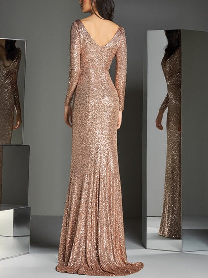 V-neck Sequin Solid Color Maxi Dress