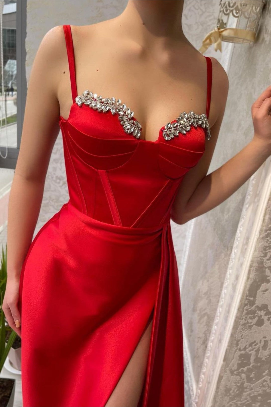 Red Prom Dress Spaghetti Strap Gown With Beading High Slit