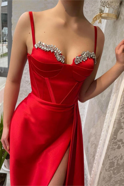 Red Prom Dress Spaghetti Strap Gown With Beading High Slit