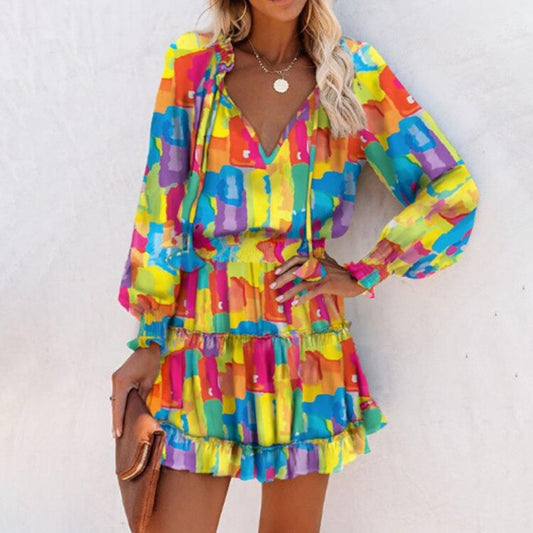 loveedsTM- Fashion Vintage Colorful Floral Print Party Dress Women Spring Summer Elegant V-Neck Drawstring Ruffle Mini Dresses Casual Dress