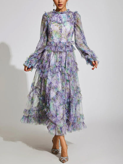 Mesh Printed Long Sleeves Maxi Dress