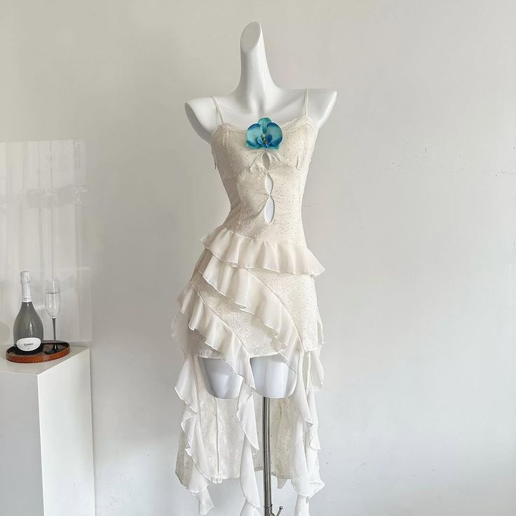 White blue floral ruffle short Chiffon homecoming dress birthday party dress gh4584